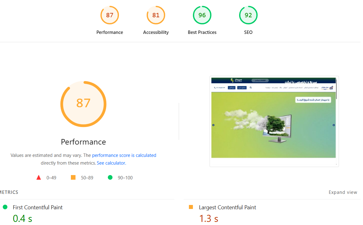 نمونه کار افزایش سرعت سایت - حساب نگاران