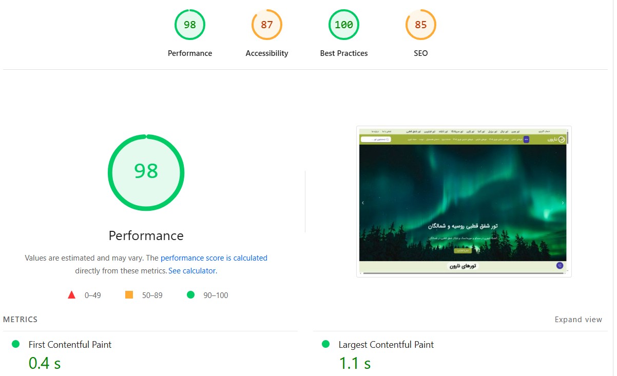 نمونه کار افزایش سرعت سایت - نارون